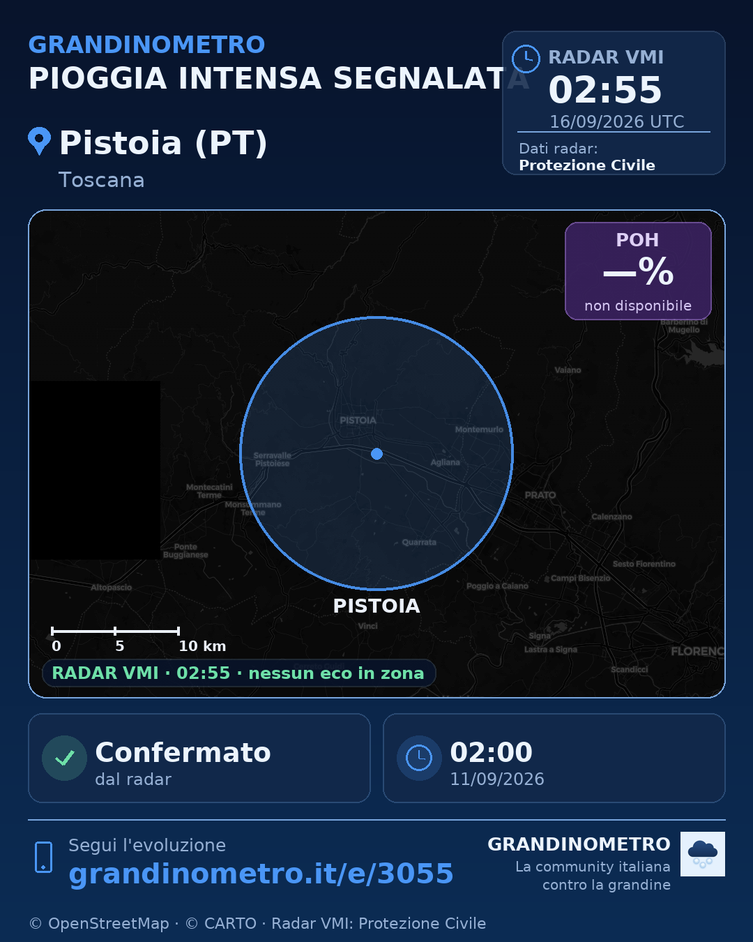 Mappa dell'evento: pioggia intensa a Pistoia (PT)