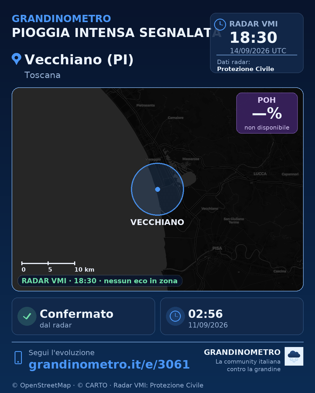 Mappa dell'evento: pioggia intensa a Vecchiano (PI)