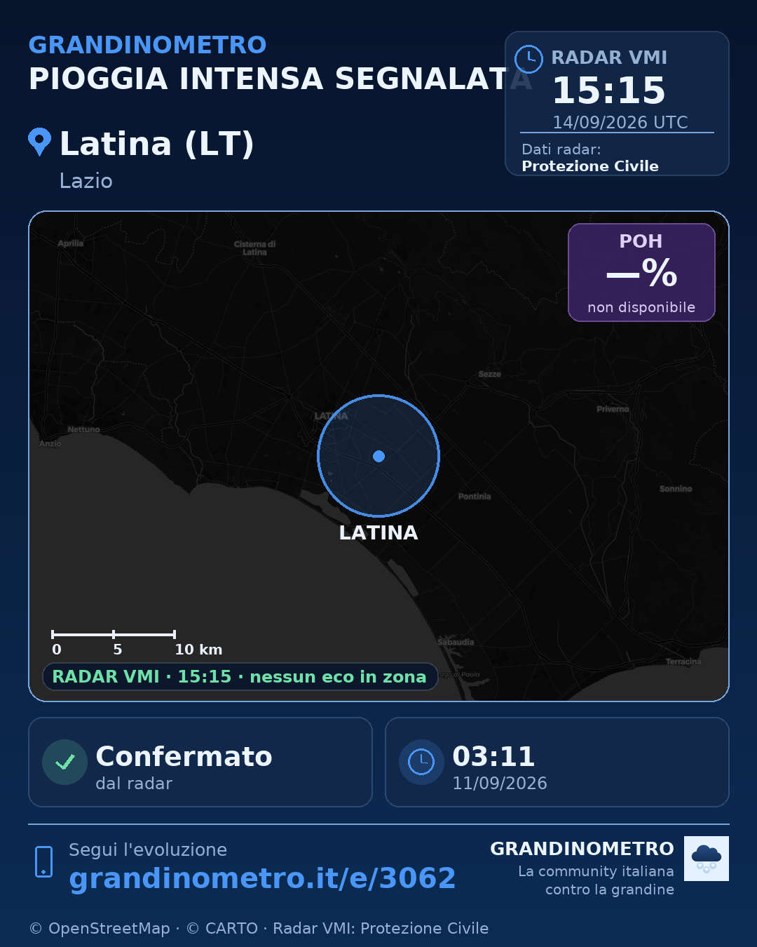 Mappa dell'evento: pioggia intensa a Latina (LT)