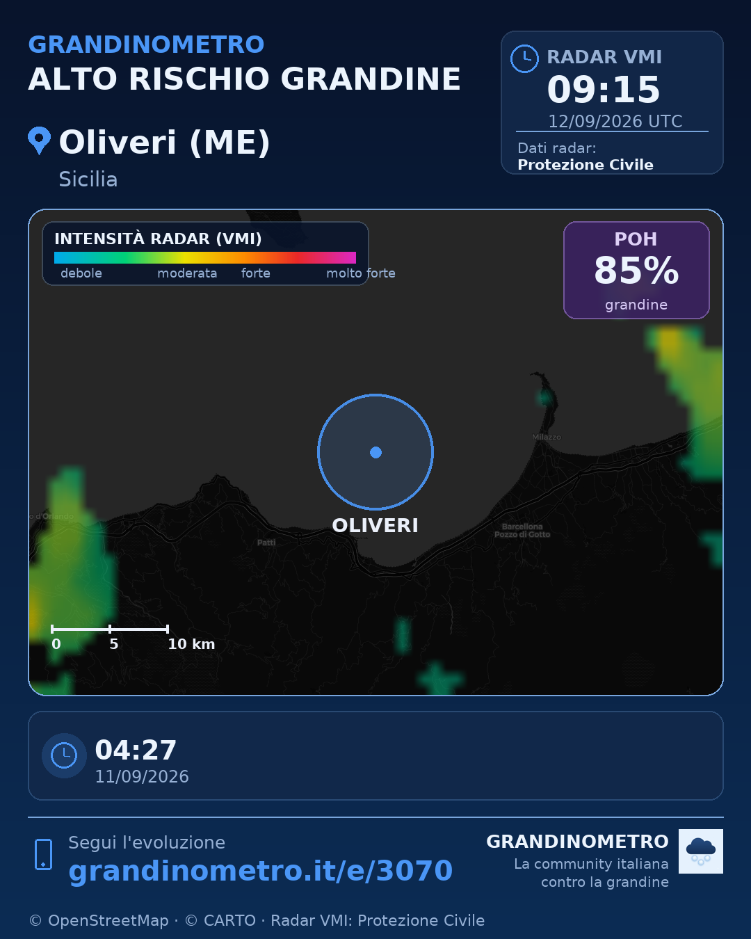 Mappa dell'evento: grandine a Oliveri (ME)