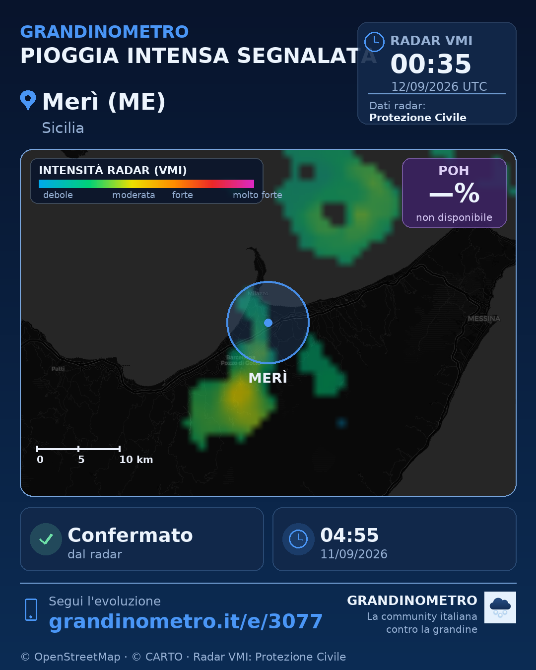 Mappa dell'evento: pioggia intensa a Merì (ME)