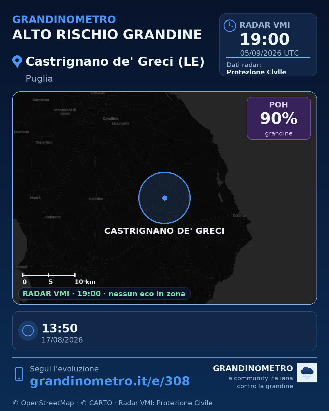 Mappa dell'evento: grandine a Castrignano de' Greci (LE)
