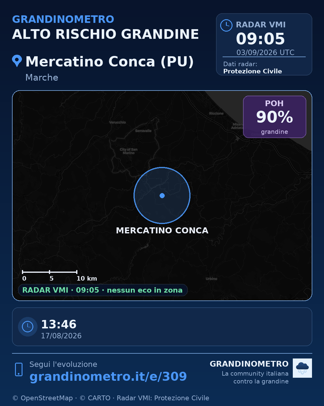 Mappa dell'evento: grandine a Mercatino Conca (PU)