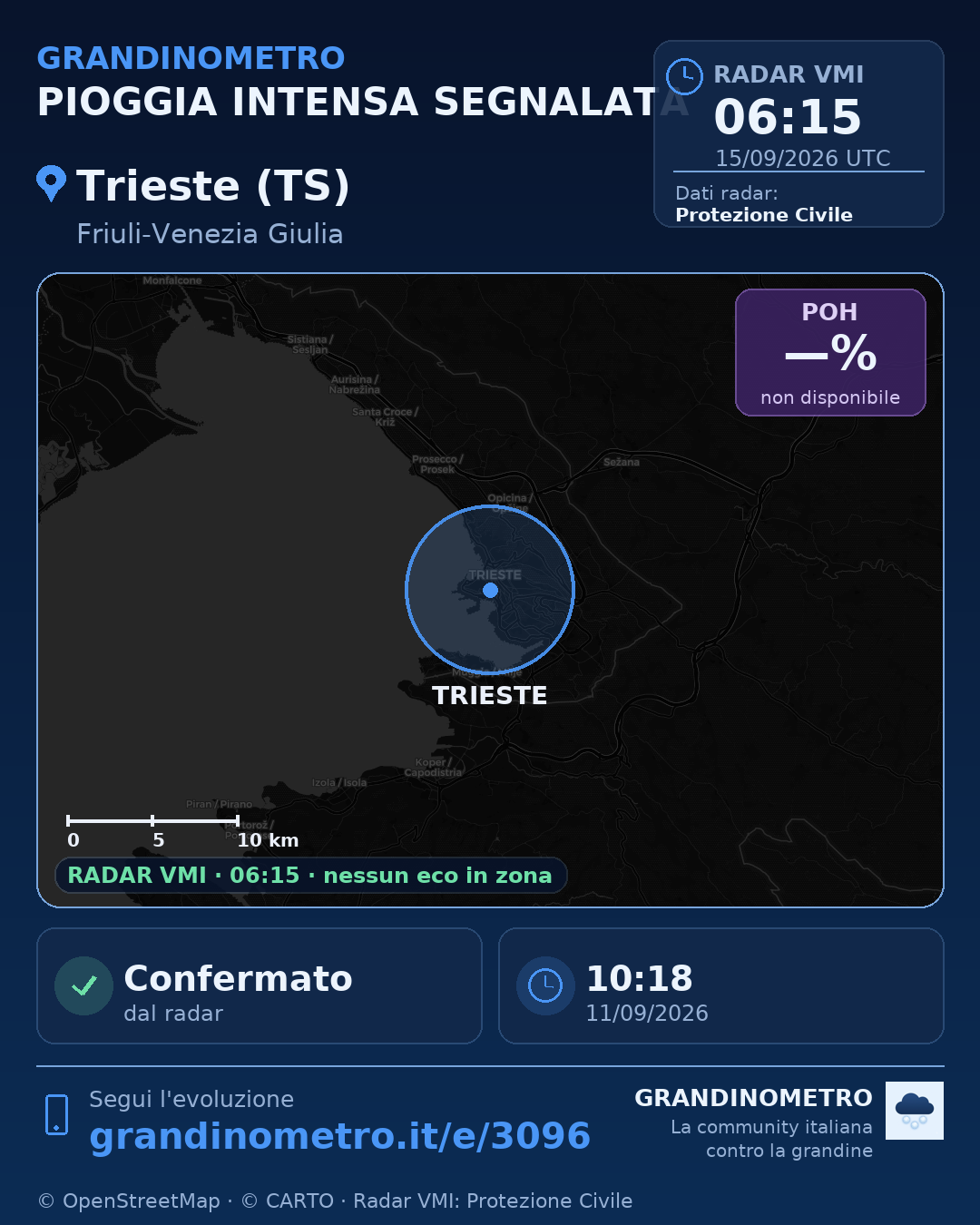 Mappa dell'evento: pioggia intensa a Trieste (TS)