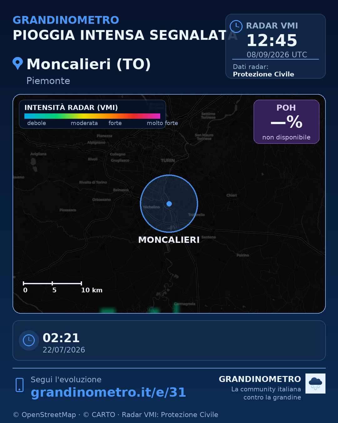 Mappa dell'evento: pioggia intensa a Moncalieri (TO)