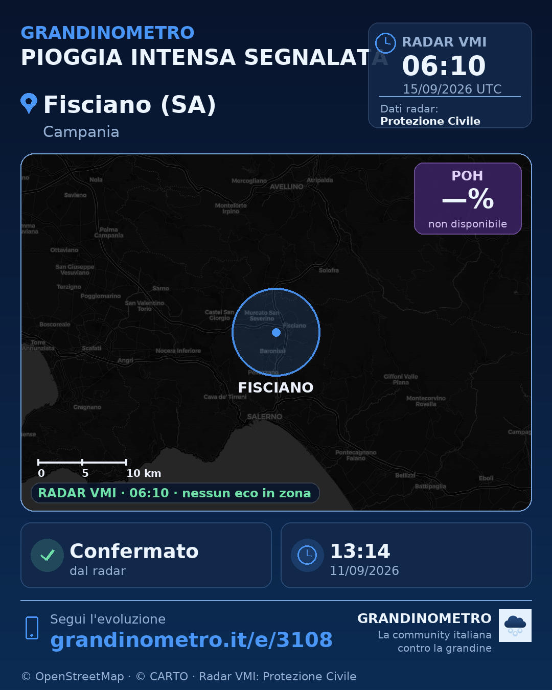 Mappa dell'evento: pioggia intensa a Fisciano (SA)