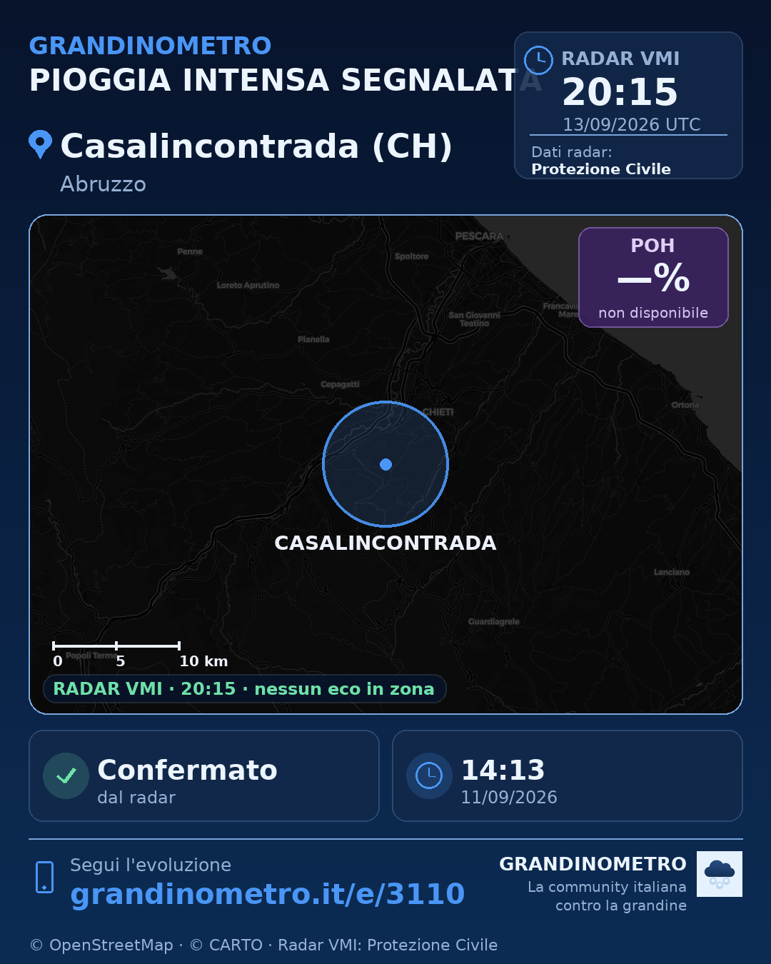 Mappa dell'evento: pioggia intensa a Casalincontrada (CH)