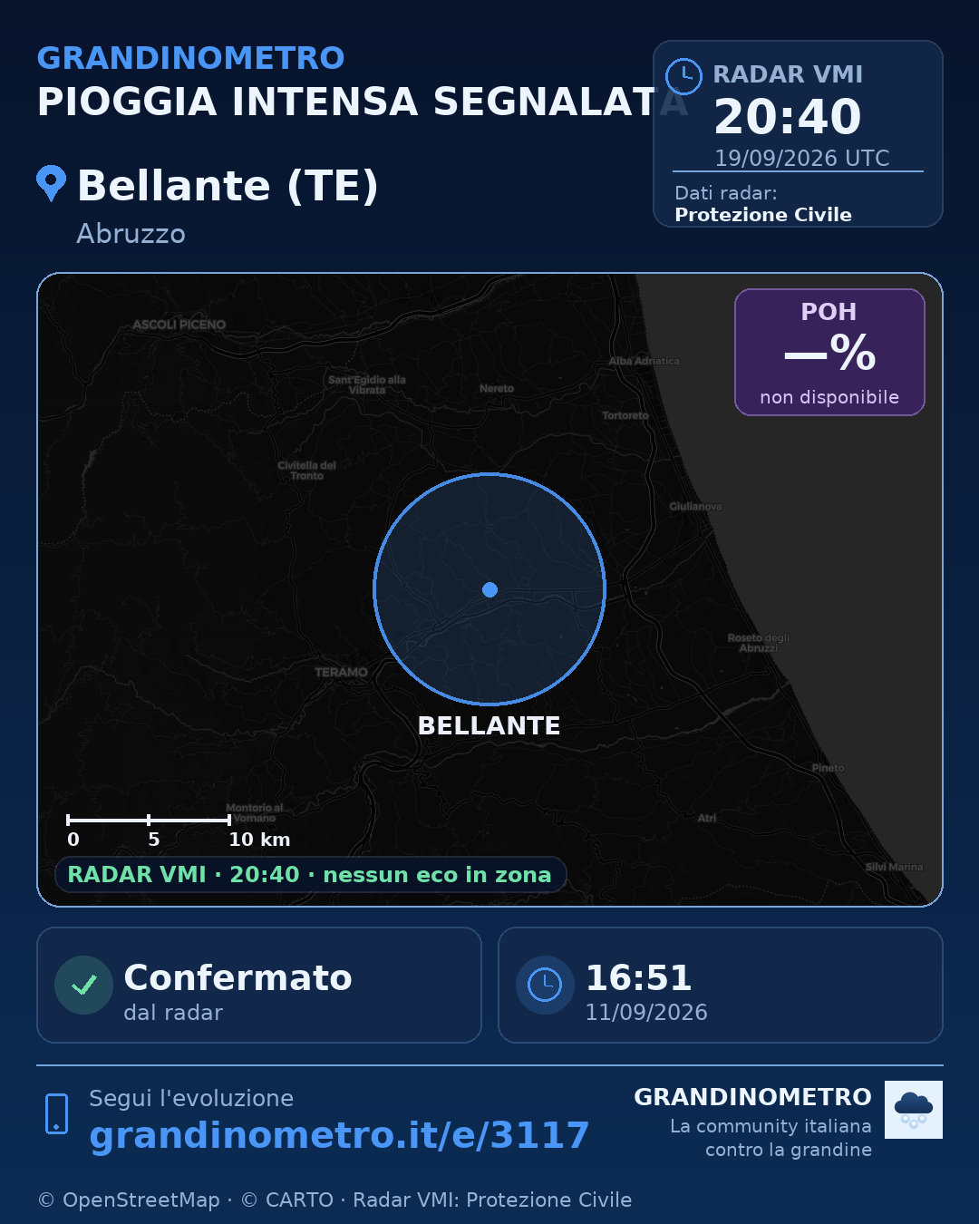 Mappa dell'evento: pioggia intensa a Bellante (TE)