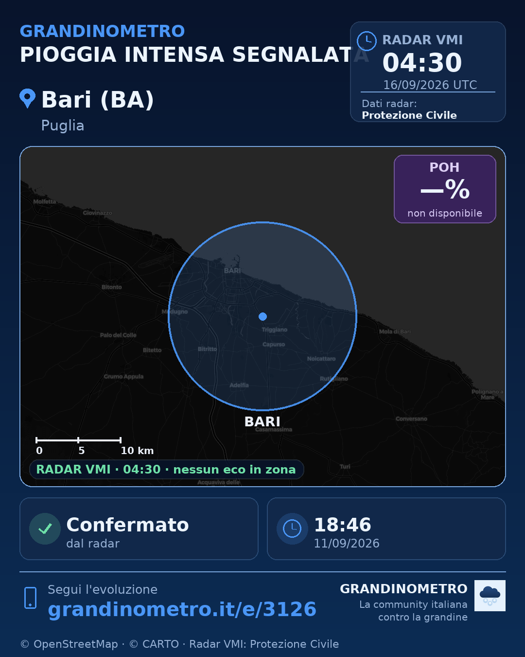 Mappa dell'evento: pioggia intensa a Bari (BA)