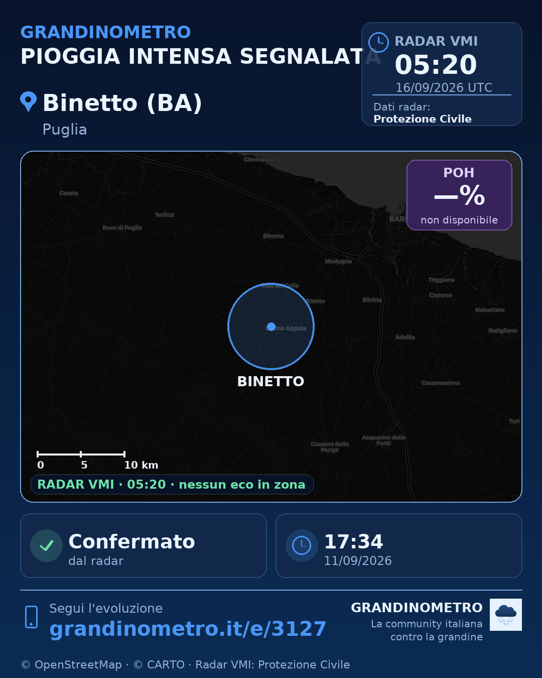 Mappa dell'evento: pioggia intensa a Binetto (BA)