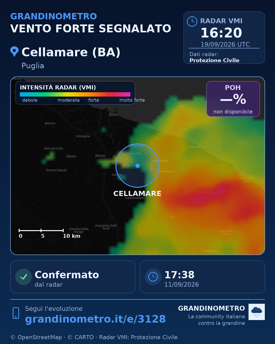 Mappa dell'evento: vento forte a Cellamare (BA)