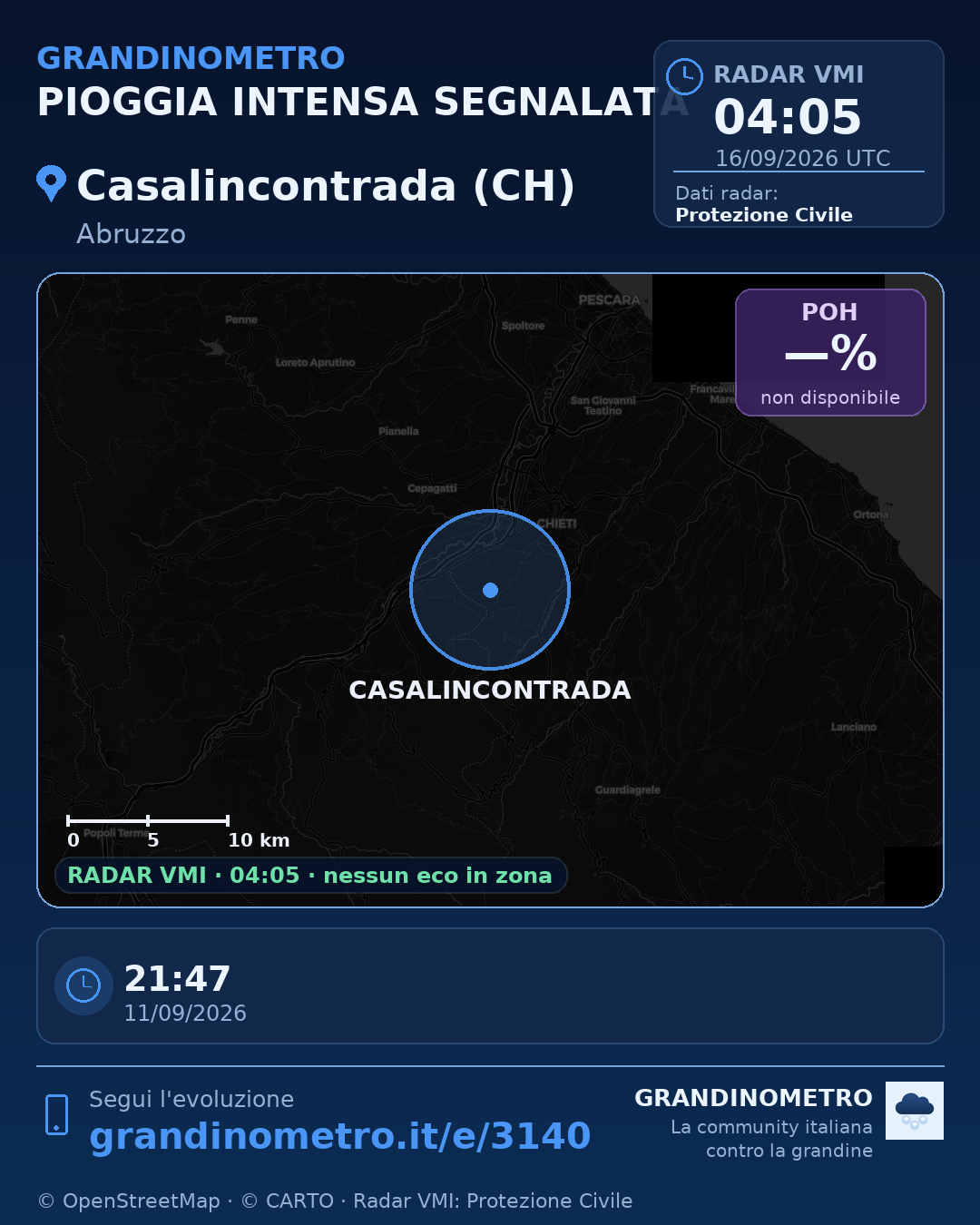 Mappa dell'evento: pioggia intensa a Casalincontrada (CH)