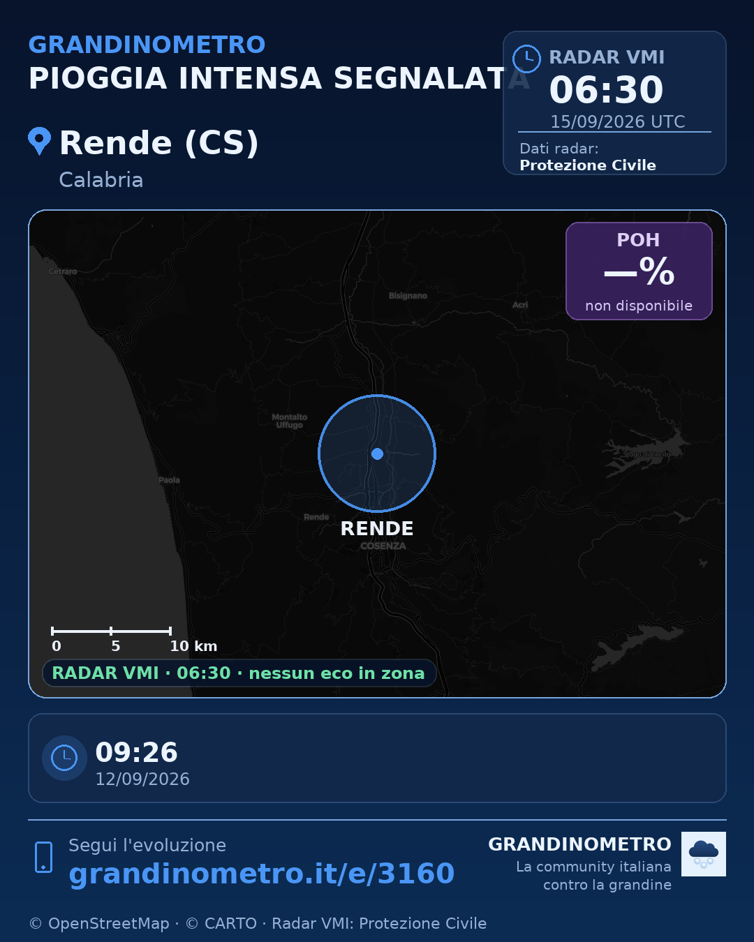 Mappa dell'evento: pioggia intensa a Rende (CS)