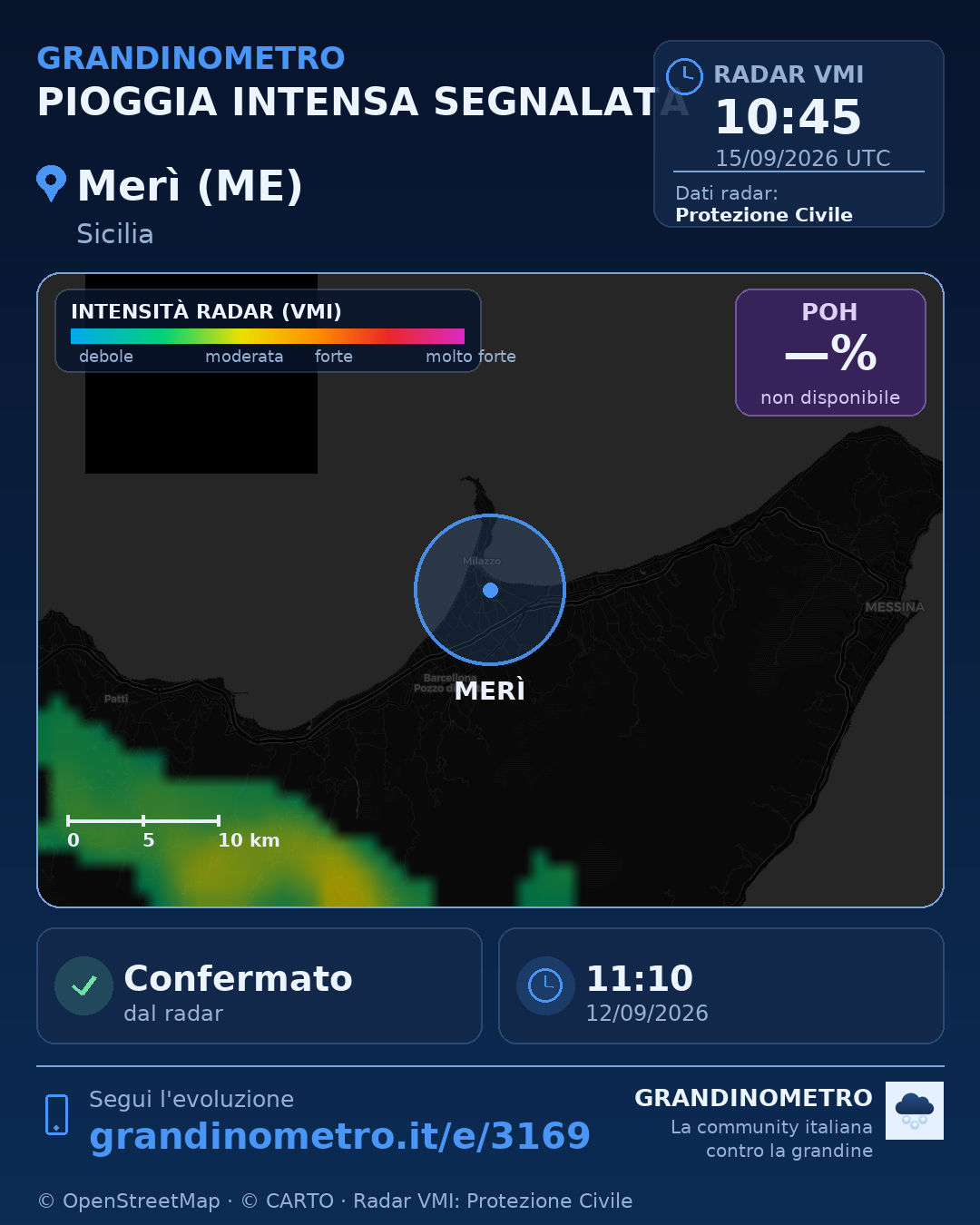 Mappa dell'evento: pioggia intensa a Merì (ME)
