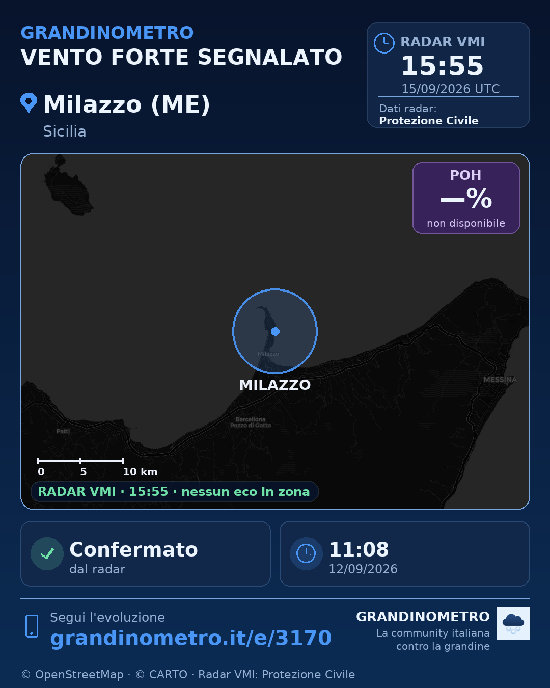 Mappa dell'evento: vento forte a Milazzo (ME)