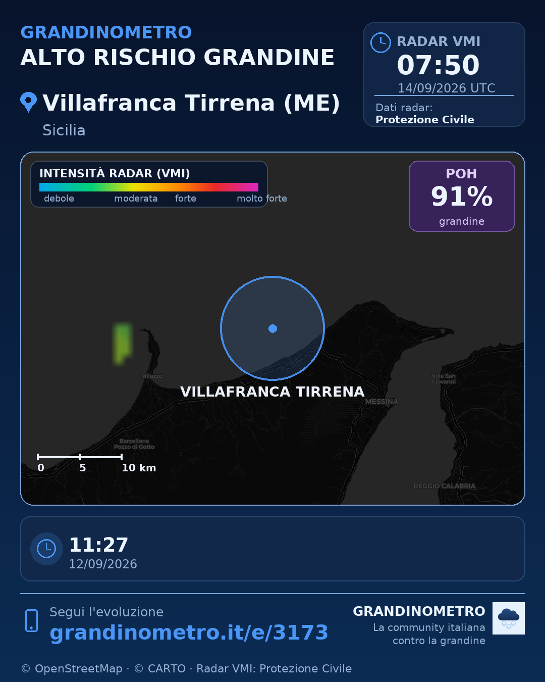 Mappa dell'evento: grandine a Villafranca Tirrena (ME)