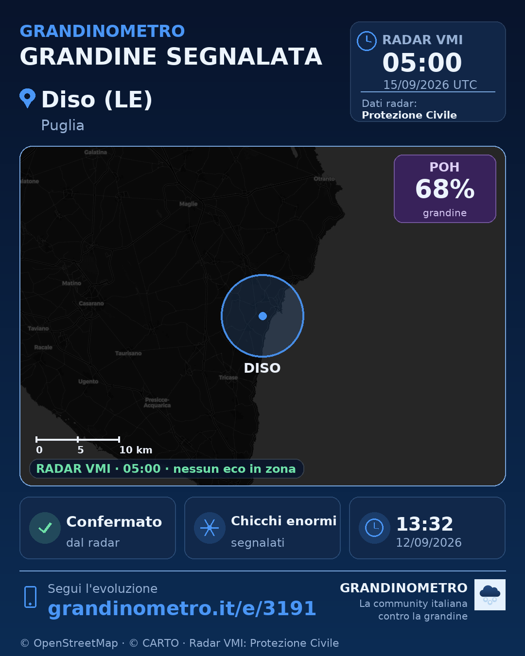 Mappa dell'evento: grandine a Diso (LE)