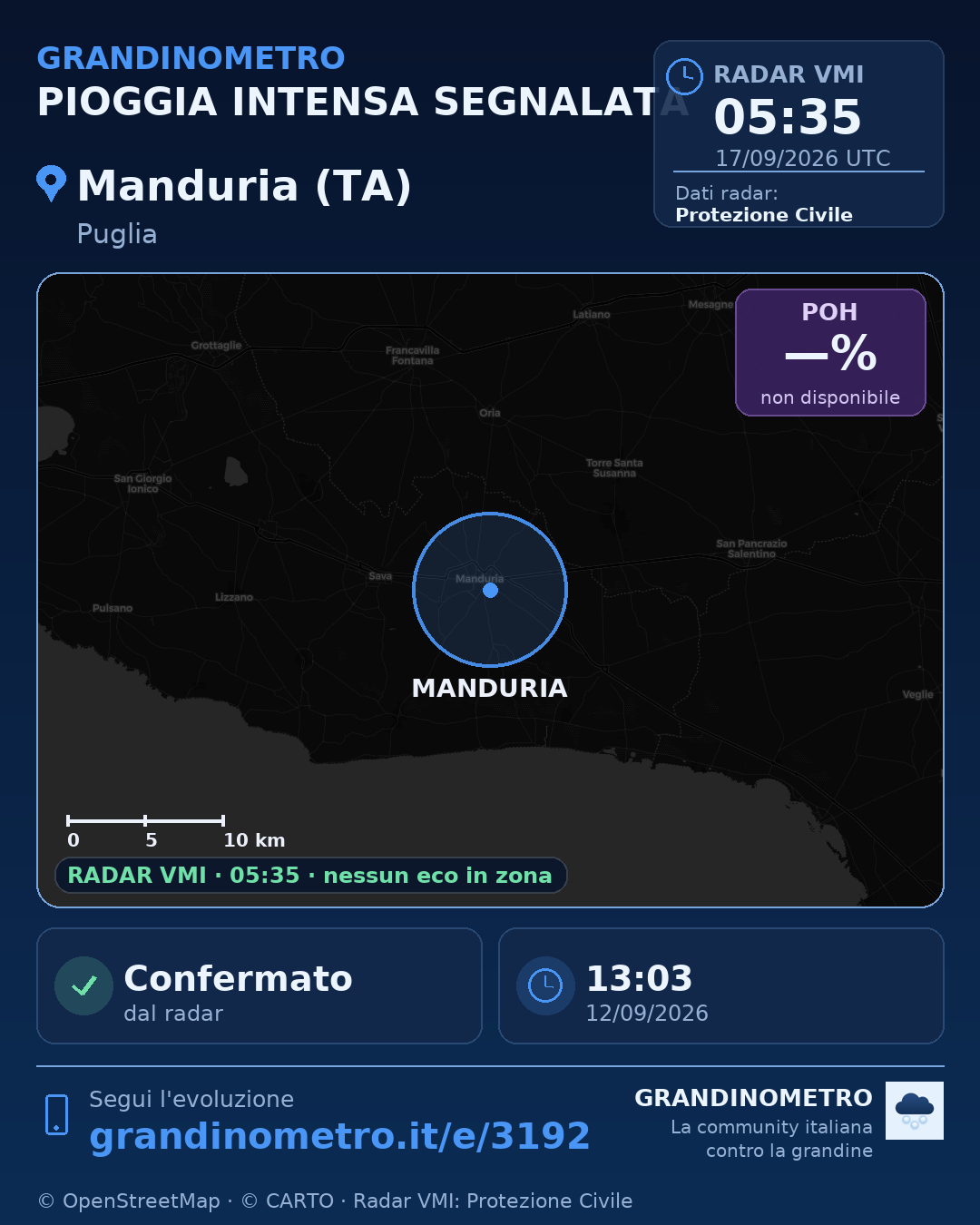 Mappa dell'evento: pioggia intensa a Manduria (TA)