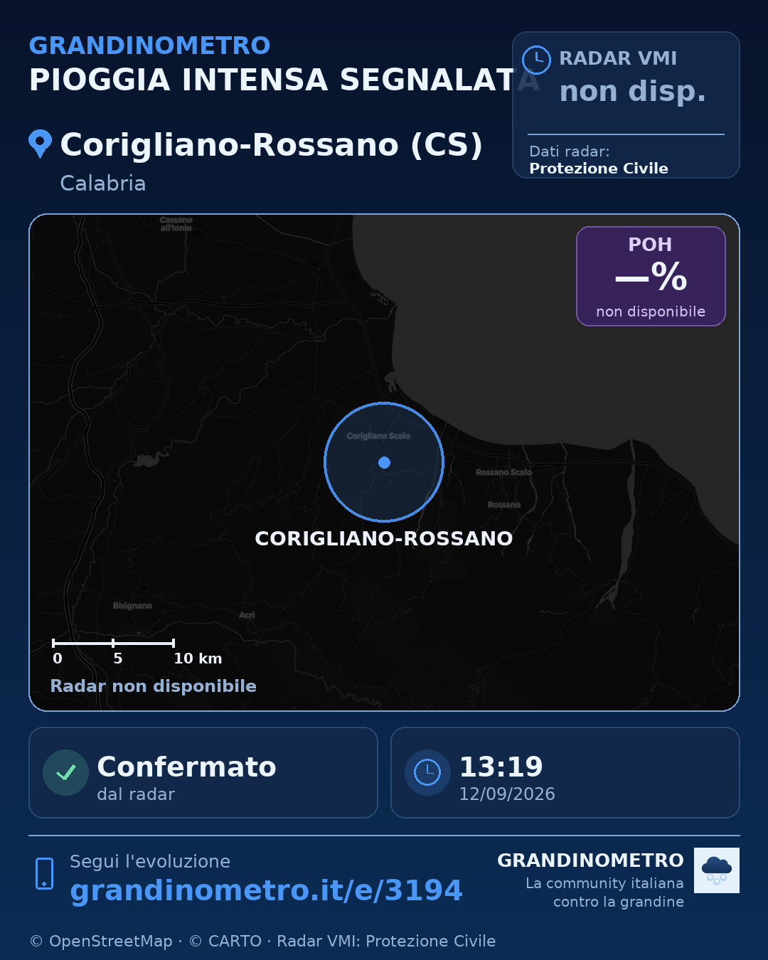Mappa dell'evento: pioggia intensa a Corigliano-Rossano (CS)