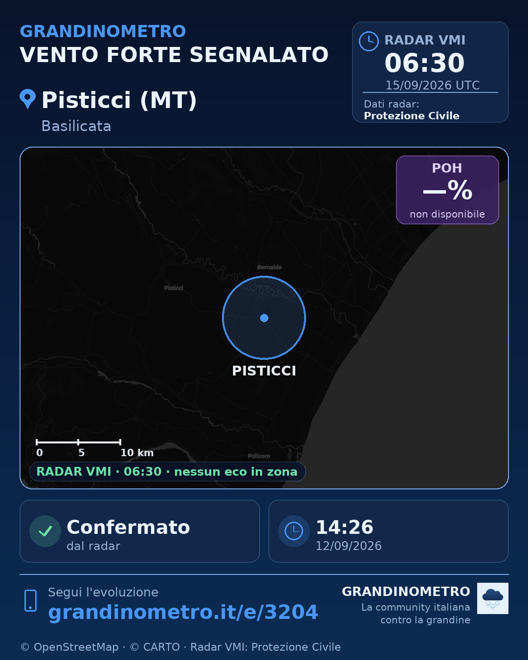 Mappa dell'evento: vento forte a Pisticci (MT)