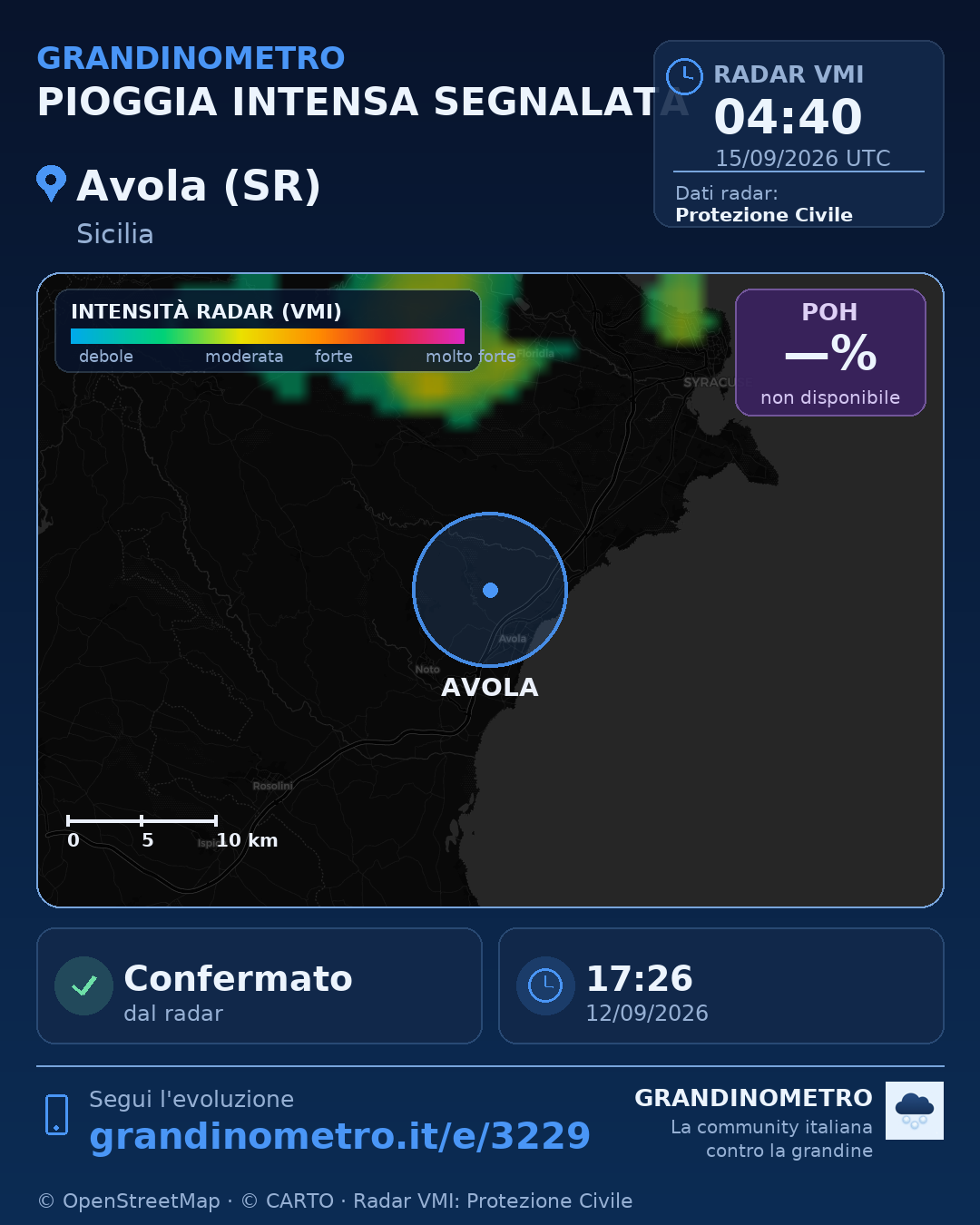 Mappa dell'evento: pioggia intensa ad Avola (SR)