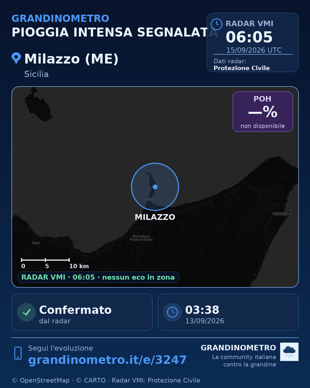 Mappa dell'evento: pioggia intensa a Milazzo (ME)