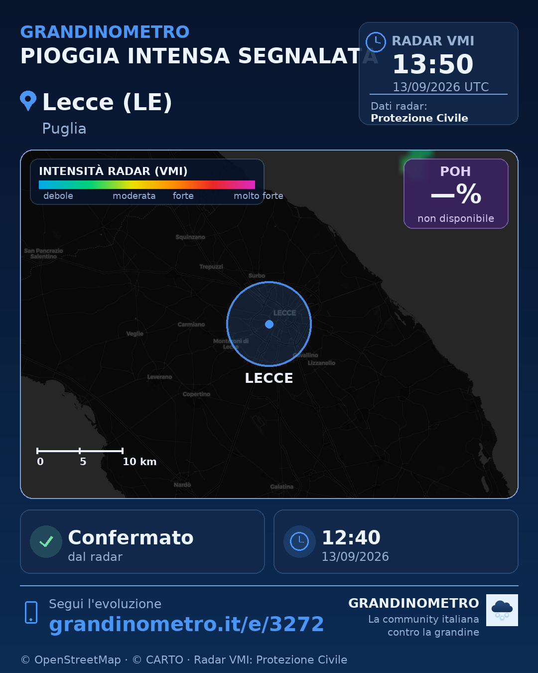 Mappa dell'evento: pioggia intensa a Lecce (LE)