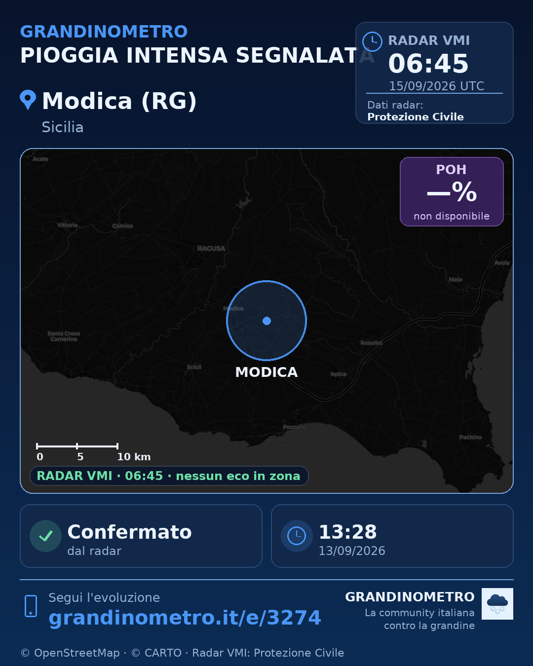 Mappa dell'evento: pioggia intensa a Modica (RG)