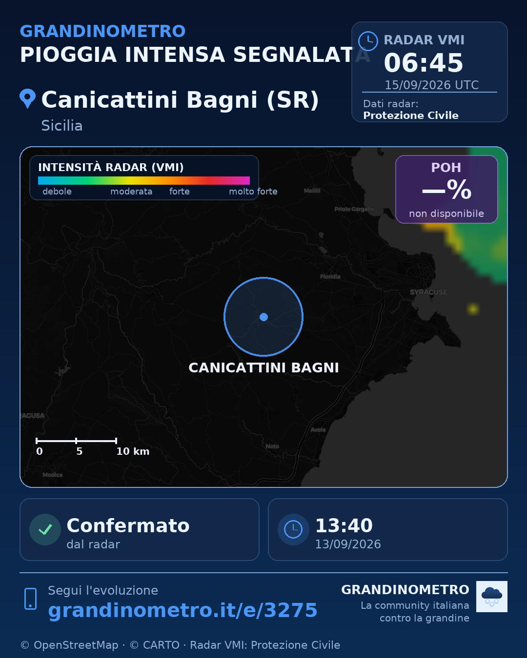 Mappa dell'evento: pioggia intensa a Canicattini Bagni (SR)