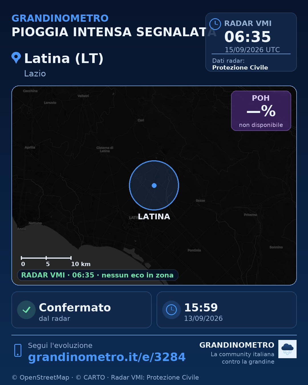 Mappa dell'evento: pioggia intensa a Latina (LT)