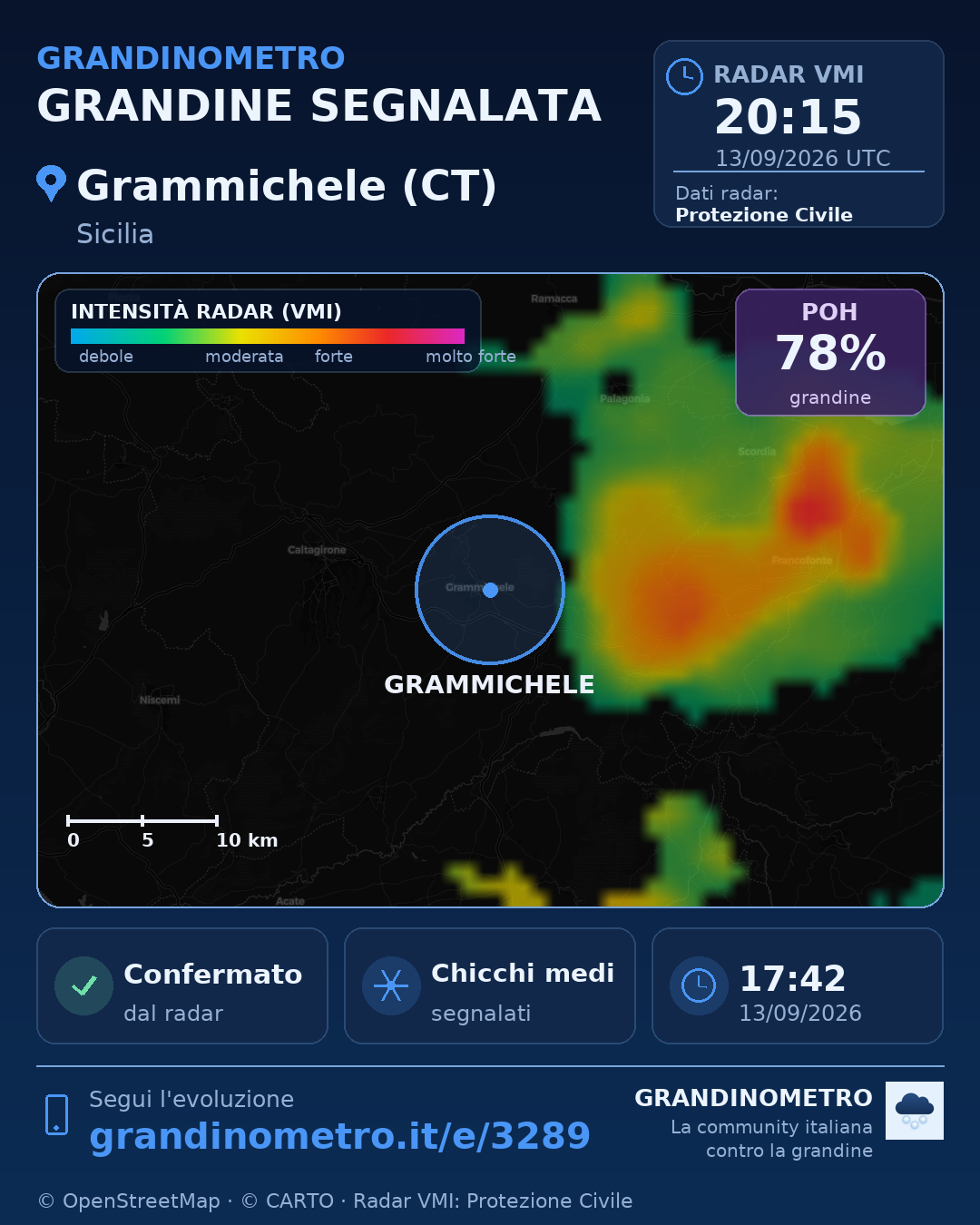 Mappa dell'evento: grandine a Grammichele (CT)