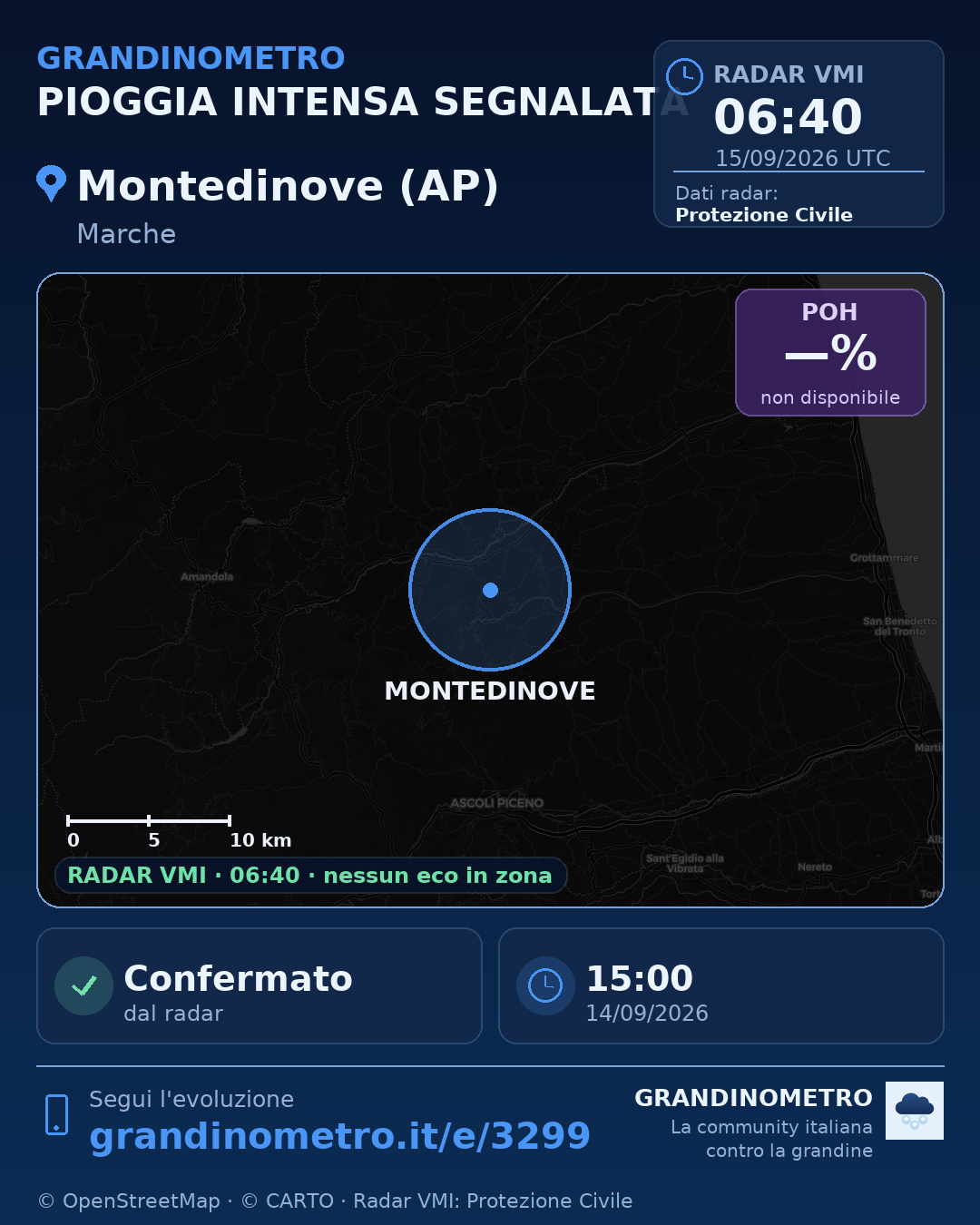 Mappa dell'evento: pioggia intensa a Montedinove (AP)