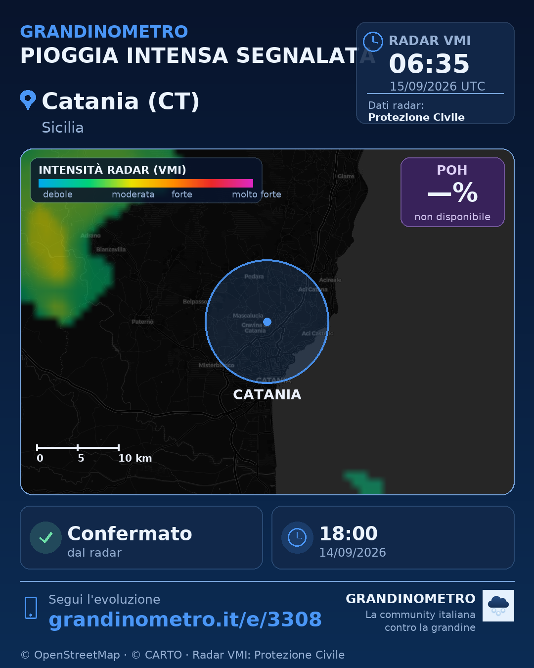 Mappa dell'evento: pioggia intensa a Catania (CT)