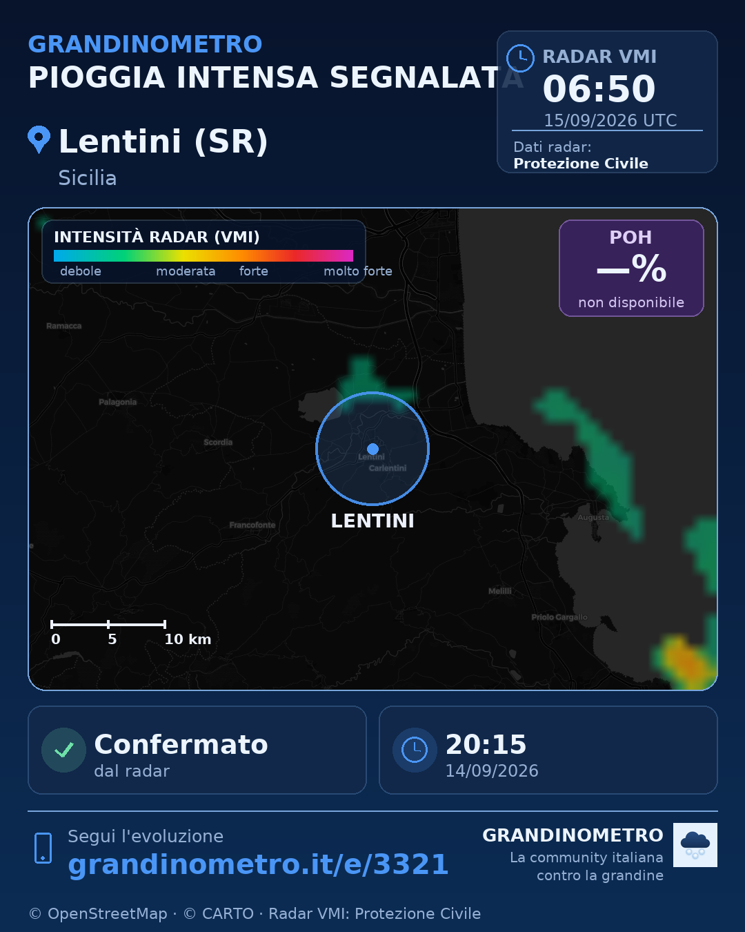 Mappa dell'evento: pioggia intensa a Lentini (SR)