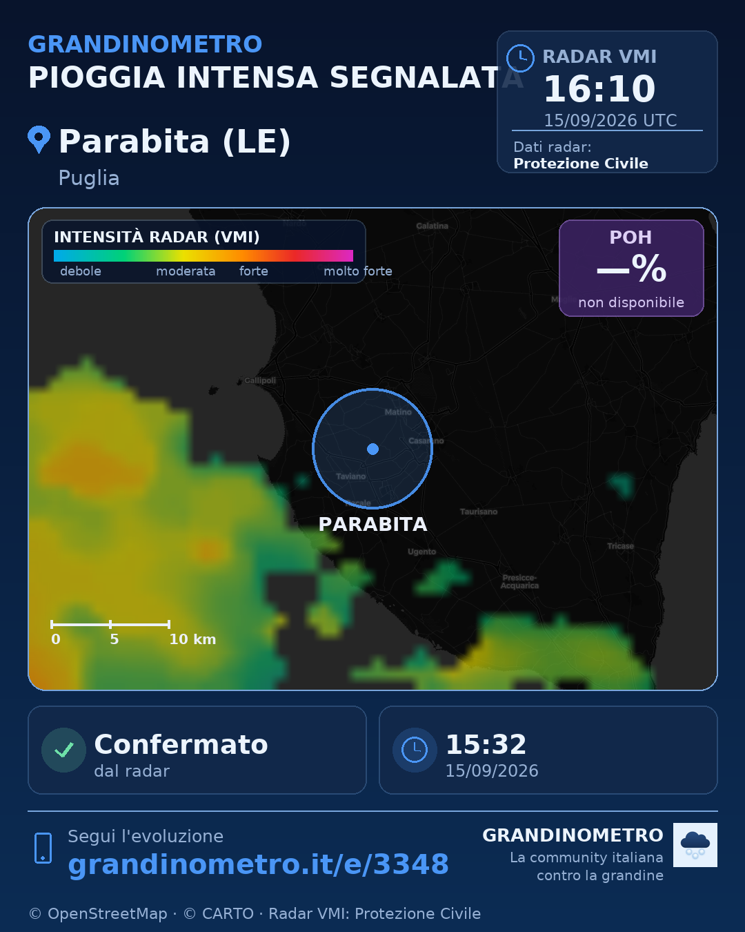 Mappa dell'evento: pioggia intensa a Parabita (LE)