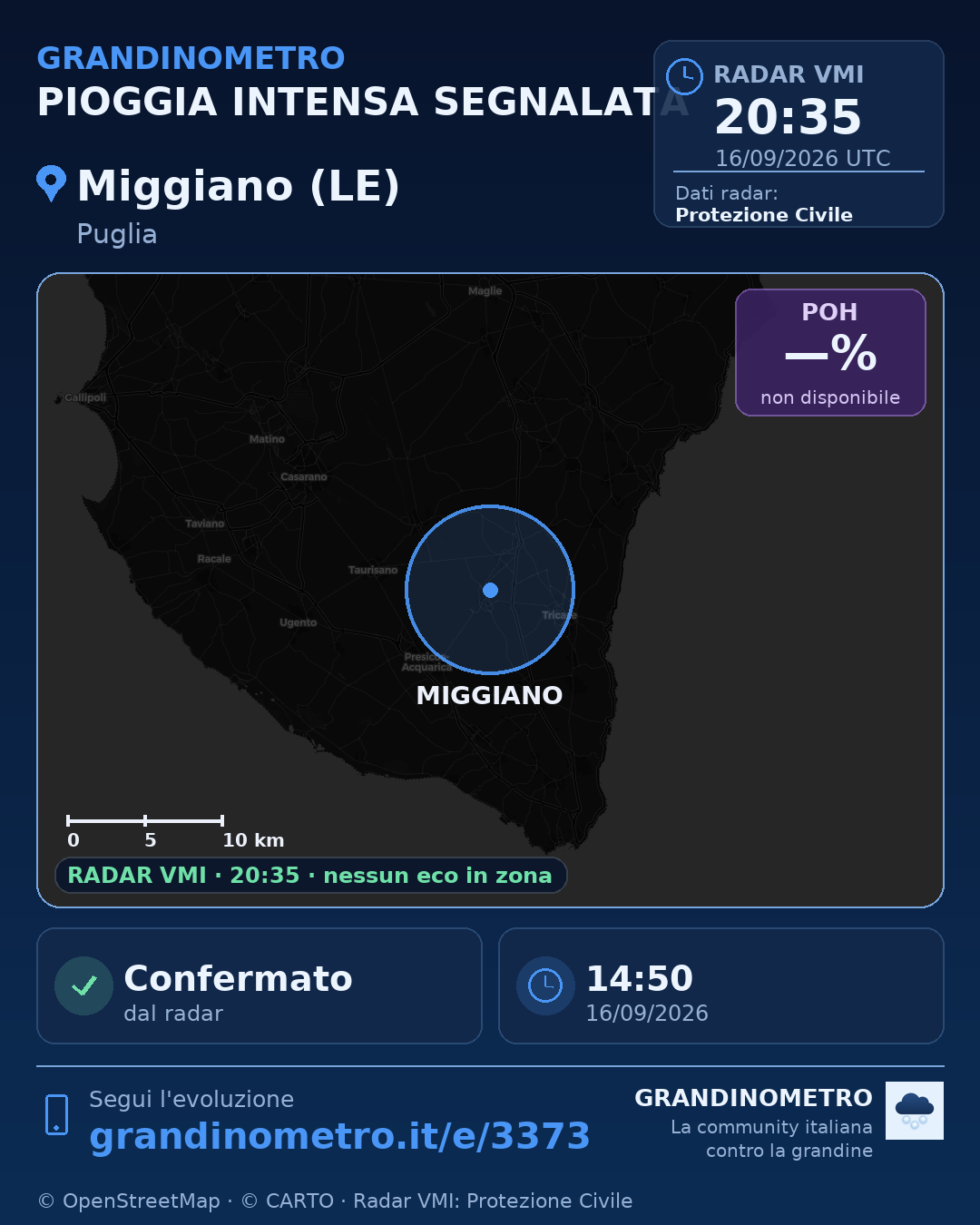Mappa dell'evento: pioggia intensa a Miggiano (LE)