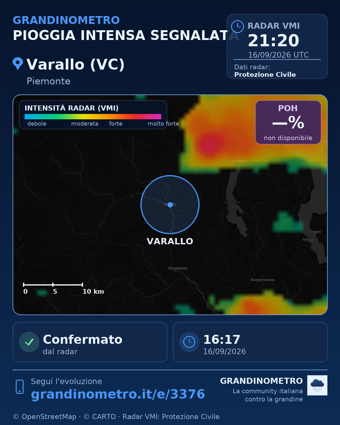 Mappa dell'evento: pioggia intensa a Varallo (VC)