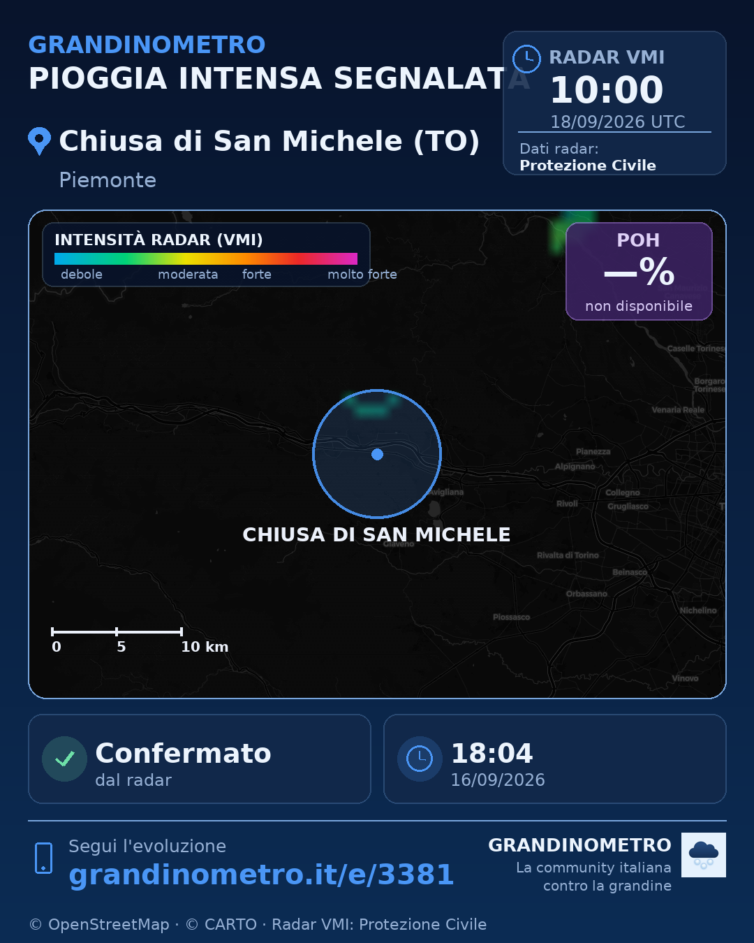 Mappa dell'evento: pioggia intensa a Chiusa di San Michele (TO)