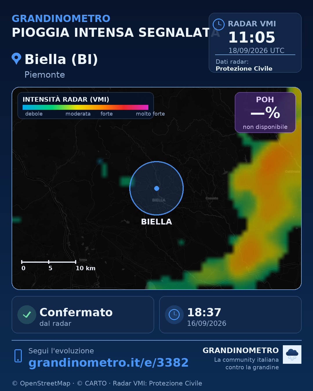Mappa dell'evento: pioggia intensa a Biella (BI)