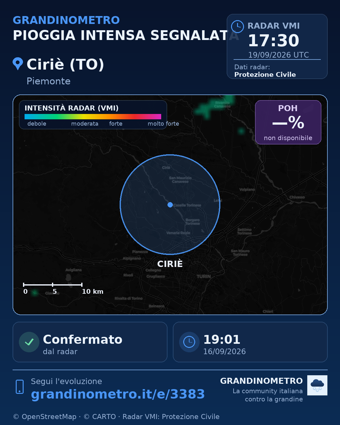 Mappa dell'evento: pioggia intensa a Ciriè (TO)