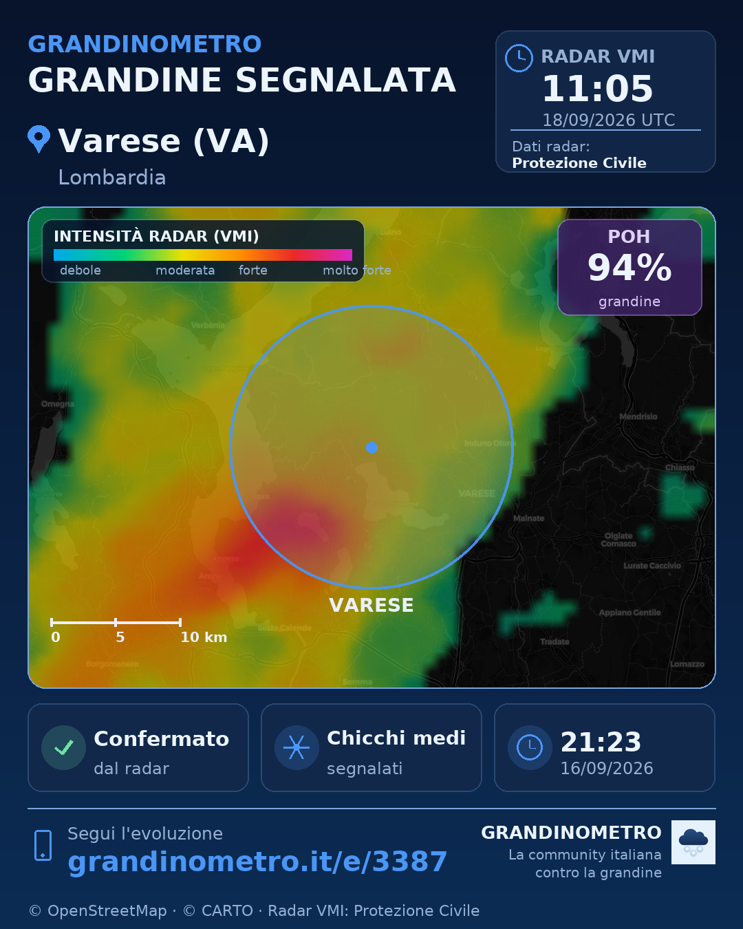 Mappa dell'evento: grandine a Varese (VA)