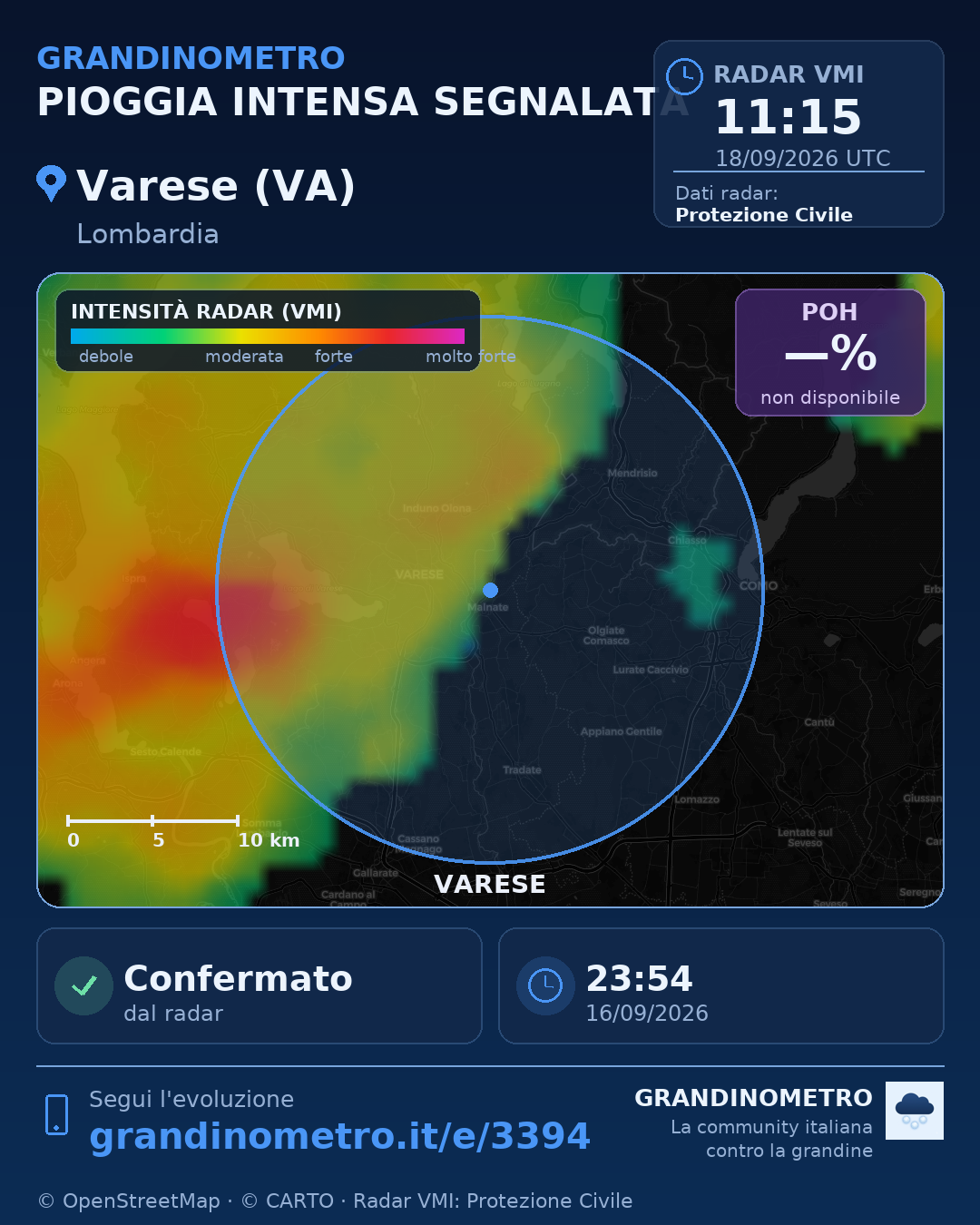 Mappa dell'evento: pioggia intensa a Varese (VA)