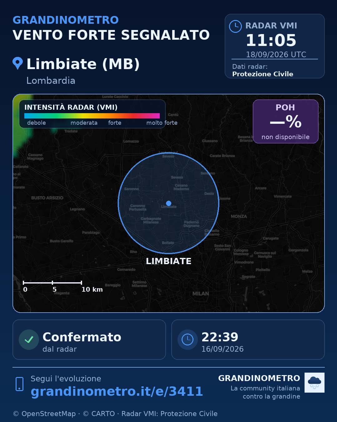 Mappa dell'evento: vento forte a Limbiate (MB)