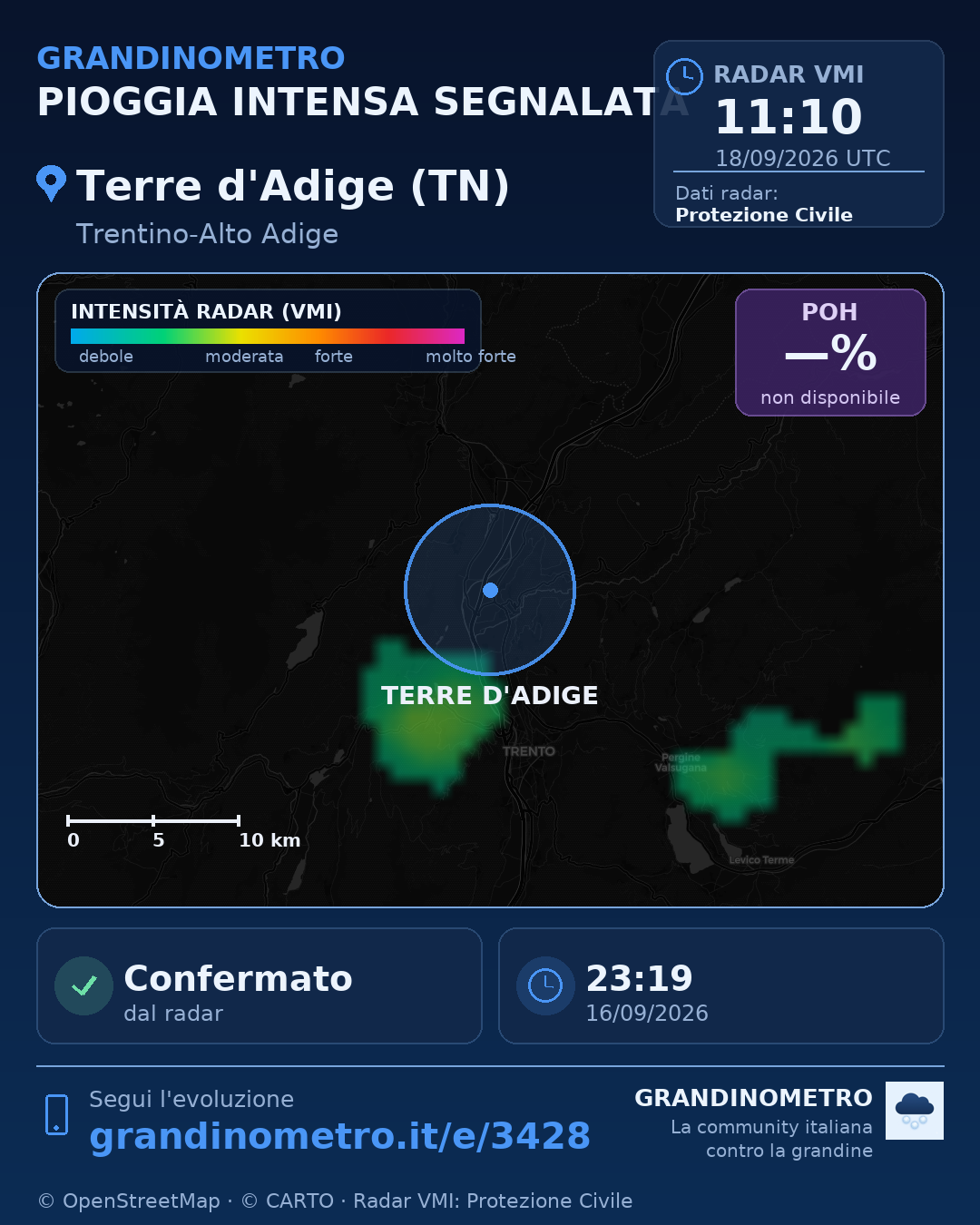 Mappa dell'evento: pioggia intensa a Terre d'Adige (TN)
