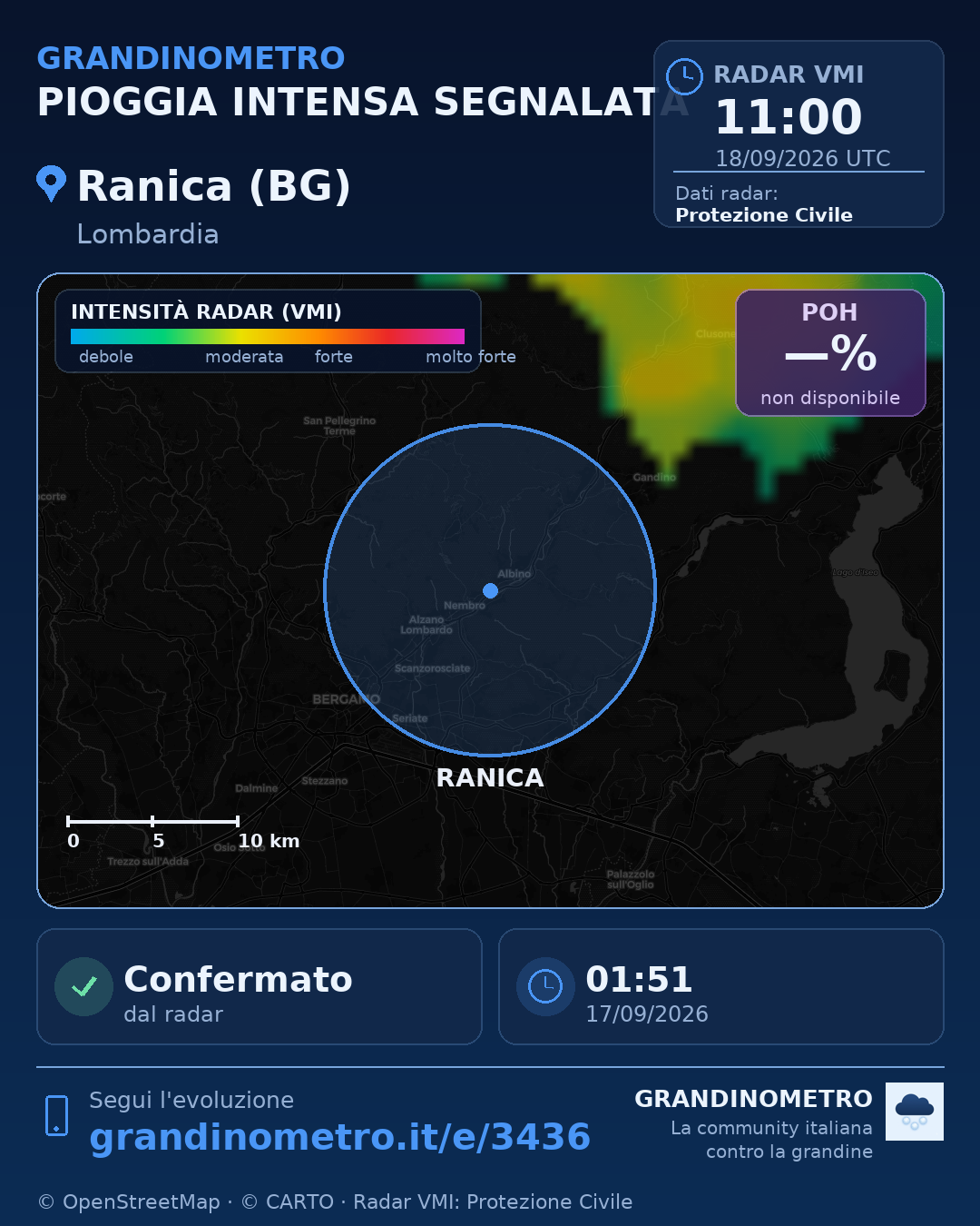 Mappa dell'evento: pioggia intensa a Ranica (BG)