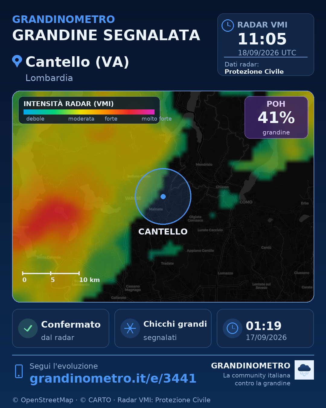 Mappa dell'evento: grandine a Cantello (VA)