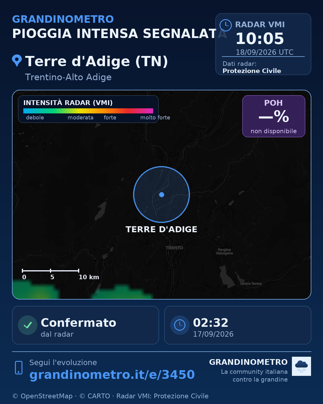 Mappa dell'evento: pioggia intensa a Terre d'Adige (TN)