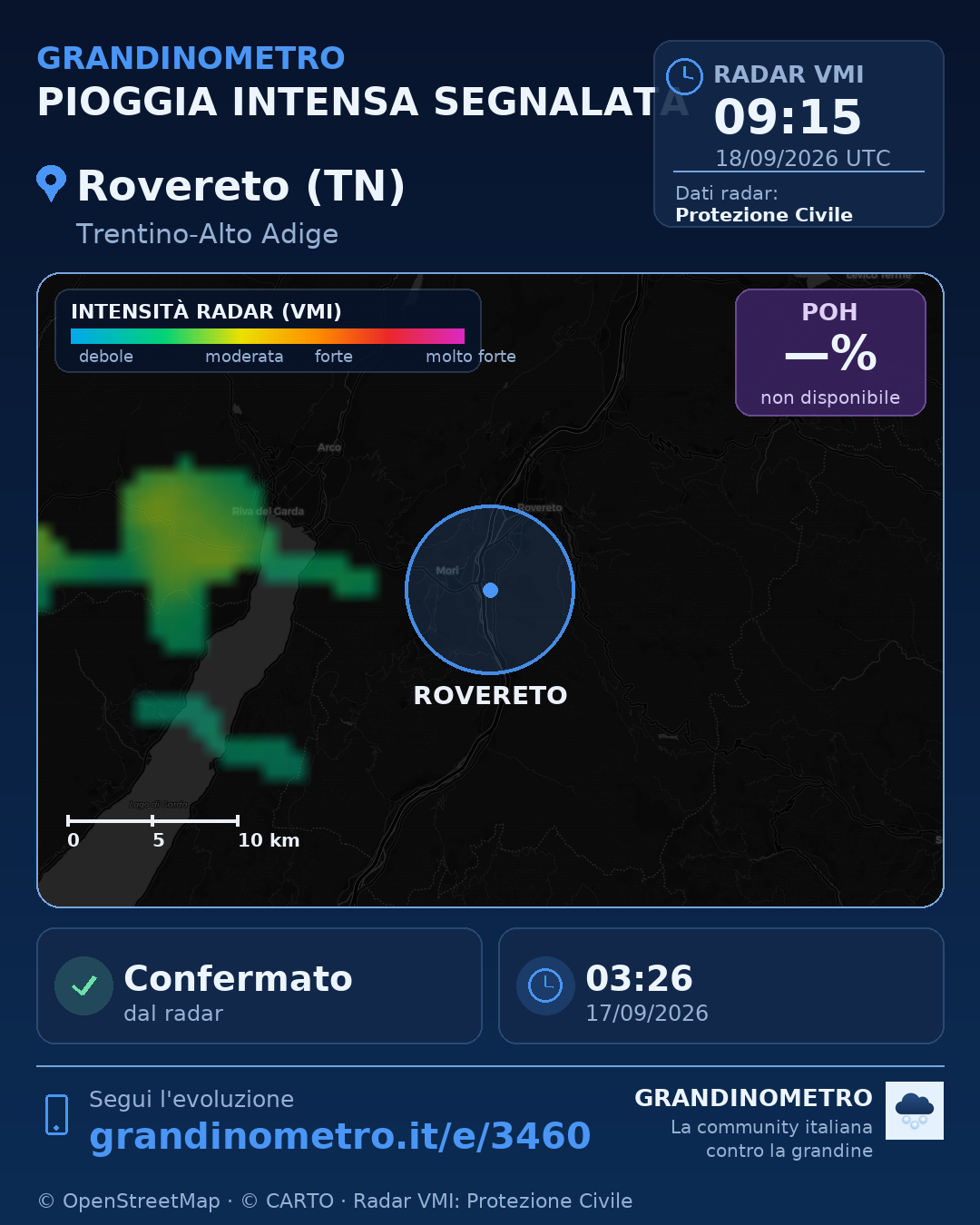 Mappa dell'evento: pioggia intensa a Rovereto (TN)