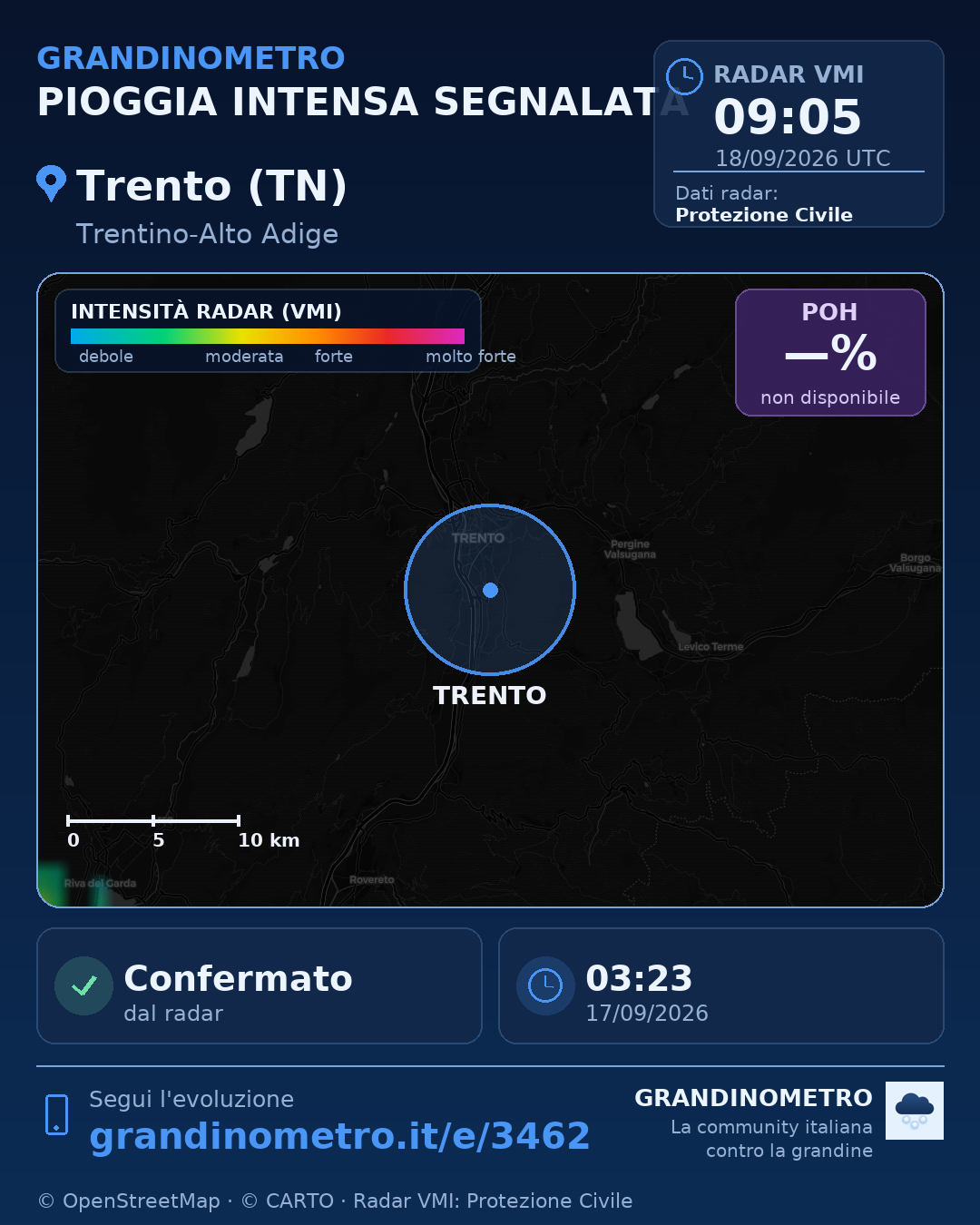 Mappa dell'evento: pioggia intensa a Trento (TN)