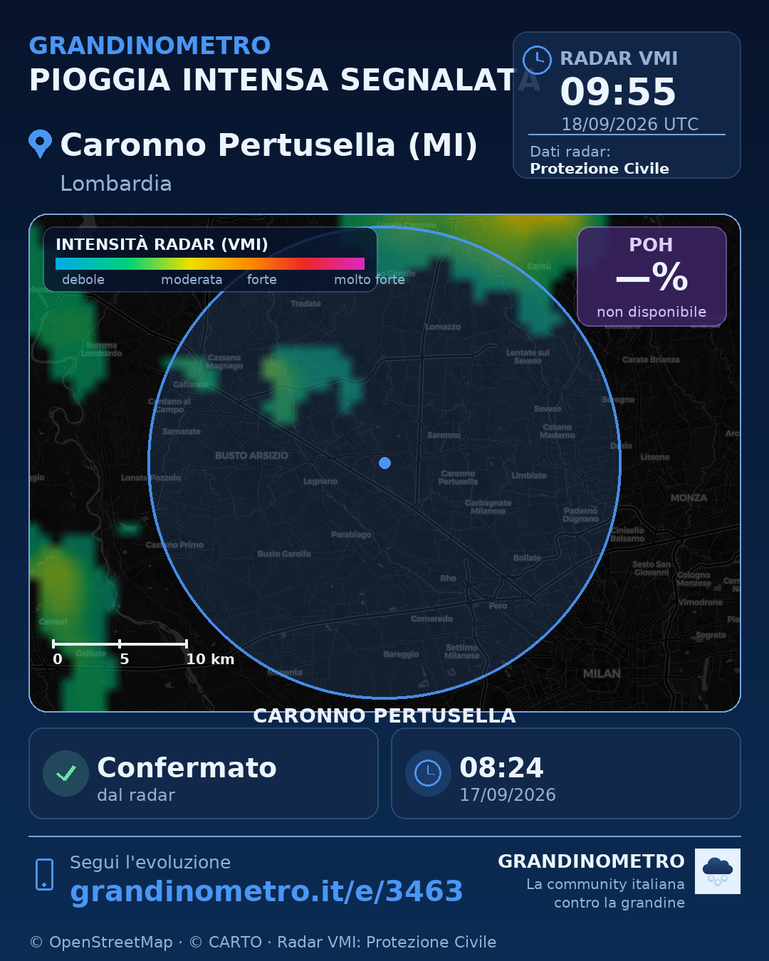 Mappa dell'evento: pioggia intensa a Caronno Pertusella (MI)